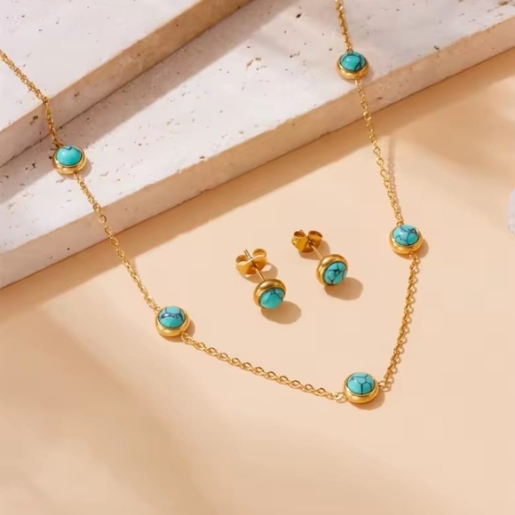 Stainless Steel Turquoise Simplicity Golden Necklace Earrings For Women Ideal fo - Picture 4 of 4